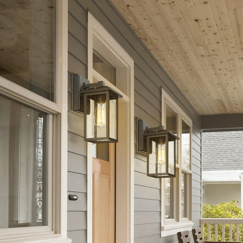 2 Pack Outdoor Wall Sconces Lantern Lights With Seeded Glass In Black Finish, Weatherproof Aluminum Exterior Fixtures, mounted on porch wall