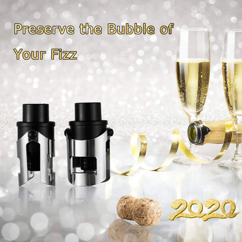 2 Pack Champagne Stoppers With Built In Vacuum Pump Black next to champagne glasses and cork, with glitter background.