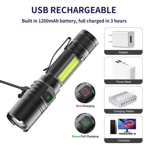 USB Rechargeable UV Flashlight 395nm Blacklight With 7 Modes, shown with charging accessories and 1200mAh battery