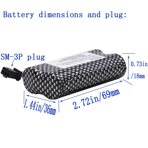 Two Pack 7.4V 1200mAh Li Ion Rechargeable Battery With Black SM 3P Plug Replacement For Older Version RC Trucks 8.88Wh High Capacity Battery Pack For Extended Run Time And Easy Swaps, showing battery dimensions and SM-3P plug