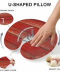 U Shape Memory Foam Travel Pillow with Red Wood Grain Finish showing elastic fabric cover, memory foam, and top opening zipper.