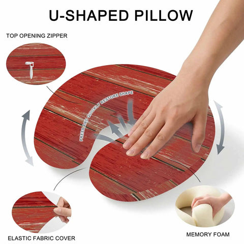 U Shape Memory Foam Travel Pillow with Red Wood Grain Finish showing elastic fabric cover, memory foam, and top opening zipper.