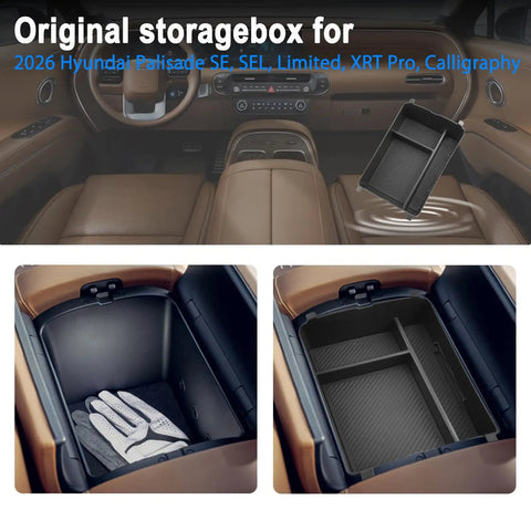 Hyundai Palisade 2026 Center Console Organizer Tray for 7 Seat Calligraphy Trim featuring storage area and tray compartments.