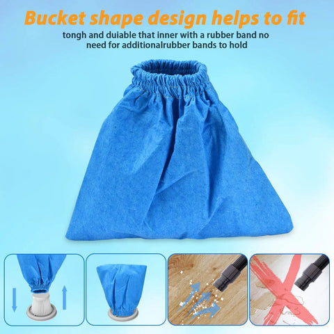 Cloth Filter For Two And Two Point Five Gallon Shop Vac Systems In A Three Pack, microlined replacement shown in blue fabric.
