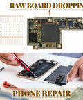 PCB Trace Repair Kit With 208 Red Copper Solder Pads for mobile phone circuits and repair tools, hands soldering a phone circuit board
