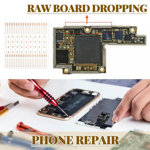 PCB Trace Repair Kit With 208 Red Copper Solder Pads for mobile phone circuits and repair tools, hands soldering a phone circuit board