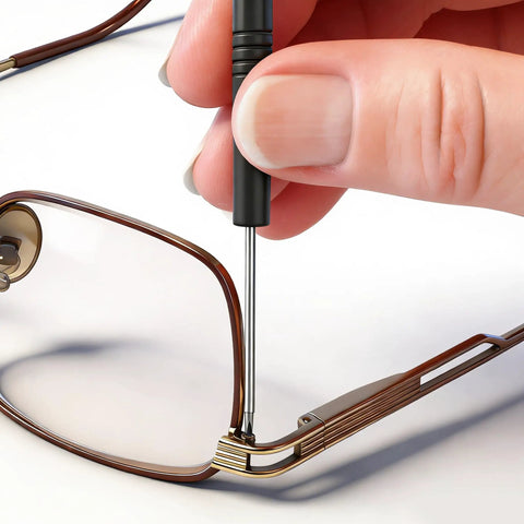 Person using Eyeglass Repair Kit With 15 Screw Types For Eyeglasses Including Frame Screws, Hinge Screws, Nose Pad Screws, Nuts And Washers