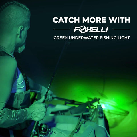 Angler using Green Underwater Fishing Light For Night Angling on kayak at night, showing green glow attracting fish.