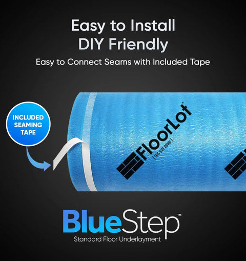 Heavy Duty Underlayment Roll With Built Moisture Barrier For Laminate And Hardwood Floors showing blue color and seaming tape for DIY installation.