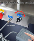 Kickass Precision Pneumatic Liquid Filling Machine control panel showing manual/auto switch and foot pedal operation features.