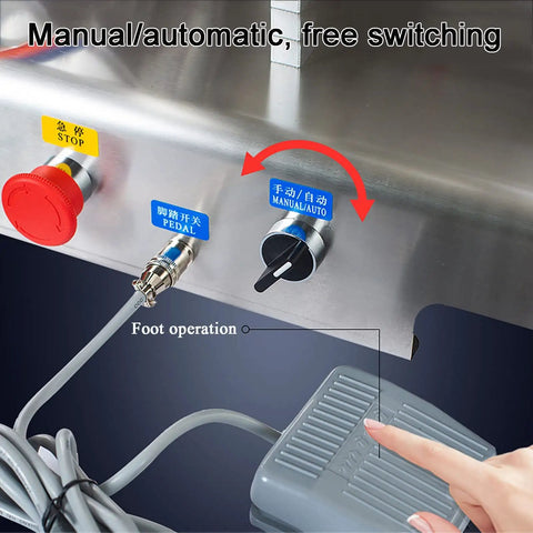 Kickass Precision Pneumatic Liquid Filling Machine control panel showing manual/auto switch and foot pedal operation features.