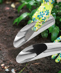 Two Piece Stainless Steel Garden Shovel And Soil Sifter Set in use for bonsai and vegetable gardening.