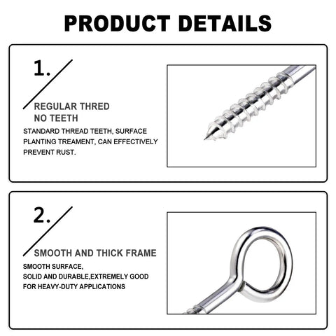 Close-up of 5 Inch Large Eye Bolts Screw In Stainless Steel 4 Pack Heavy Duty Eye Hooks For Wood Hanging 500 LBS Working Load Zinc Coated