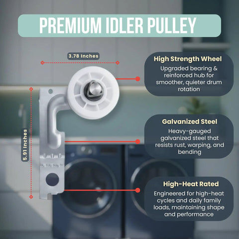 Premium idler pulley from Pro Grade Dryer Repair Kit for LG and Kenmore. Features high-strength wheel and galvanized steel.