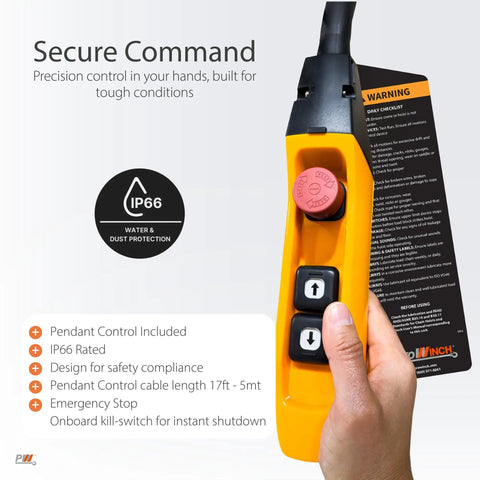 Hand holding yellow pendant control for IP66 1 Ton Electric Chain Hoist Heavy Duty H4 Dual Voltage 208 to 480 Volt