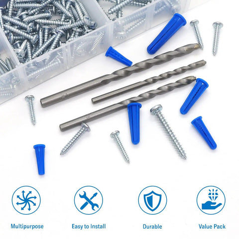 All In One Masonry Wall Anchors And Screws Kit With 3 Pc Drill Bit, 228 Pieces Including 114 Brick Anchors and screws shown.