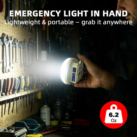 Hand holding Beefy 3000LM Rechargeable Camping Light With Magnetic Hanging Hook, 4000mAh Battery, in workshop setting.