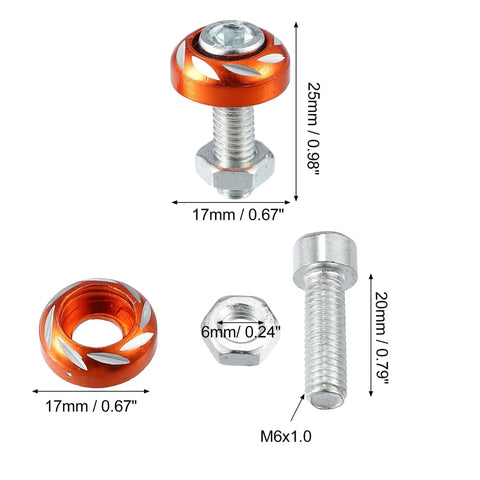 Must Have Orange Aluminum Alloy License Plate Bolt Screw Nuts Kit For Cars And Motorcycles, M6 X 1.0 Thread, 20mm Length, 25x17mm Heads