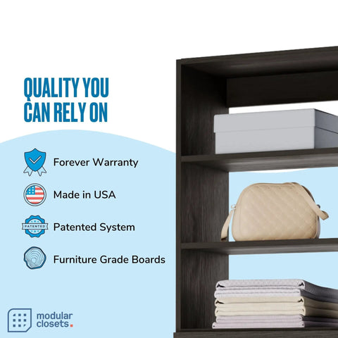 Grey Modular Closet Shelf Tower With 2 Smooth Drawers And Versatile Shelves Delivers A Killer Storage Experience with storage details.