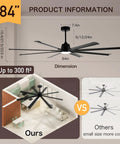 84 Inch Smart Outdoor Ceiling Fan With Light Knockout Industrial Design Eight Anodized Aluminum Blades diagram showing dimensions and layout in indoor space.