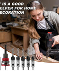 Badass Seven Piece Countersink Drill Bits Kit Featuring Four Flute HSS Tapered Heads And Adjustable Aluminum Depth Stop Collar For Sweet Softwood Cutting Plus Hex Shank Adapter And Rugged Carrying Case with user in workshop.