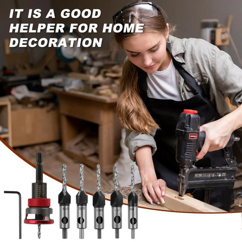 Heavy Duty Countersink Drill Bit Set For Woodworking, High Speed Steel Four Flute Design With Aluminum Depth Stop Collar, Handles Plywood And Mdf Smooth As Silk, Must Have Gear For Weekend Warriors On The Job Site, woman using drill in workshop.