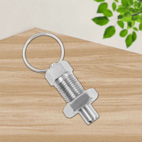 Top Shelf Stainless Steel Spring Plunger With Pull Ring, Retractable Nonlocking Index Pin, 360 Degree Rotate Mount, Rustproof Heavy Duty Hardware, No Fuss 2 Pack Metric Kit on wood background.