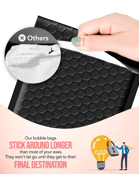 Close-up of hand sealing Two Size Bubble Mailers 100 Pack Padded Envelopes Self Seal Black For Shipping 4x8 And 6x10 Inches
