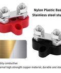 2 Pack Battery Terminal Distribution Block With M8 Dual Studs Bus Bar Terminal Block For Top Post Battery Terminals Negative And Positive 12V Power Distribution Block For Car Truck Marine And Heavy Duty Applications, shown with red and black bases and stainless steel studs.