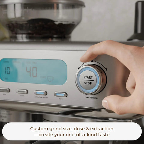 Close-up of the control panel on a Straight Up Game Changer Espresso Machine With Built In Grinder and Genuine 20 Bar Pressure.