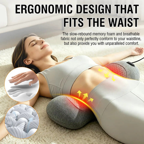 Woman relaxing with Totally Crushing Lower Back Pain With This Electric Lumbar Support Pillow that fits the waist, featuring gray memory foam.