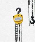 Top Tier Smooth Operator 10 Ton Manual Chain Hoist With Tough Sling Hook And Quick Turn Pulley hanging with chains and hook detail.