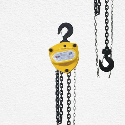 Top Tier Smooth Operator 10 Ton Manual Chain Hoist With Tough Sling Hook And Quick Turn Pulley hanging with chains and hook detail.