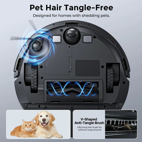 Self Emptying Robot Vacuum and Mop With 6000Pa Suction No Tangling LiDAR Multi Floor Mapping bottom view with anti-tangle brush