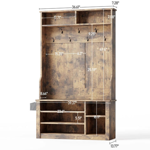 Entryway Hall Tree With Bench And Storage 3 In 1 Coat Rack And Shoe Storage 2 Tier Top Storage Rustic Brown with dimensions shown
