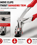 Professional Grade Auto Clip Pliers Built For Quick No Fuss Damage Free Extraction Of Car Trim Fasteners And Panel Removers featuring angled jaws and ergonomic grips.