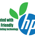 Logo with green leaves and text 'Printed with Eco Friendly HP printing technology' next to a blue circle with white letters 'hp'.