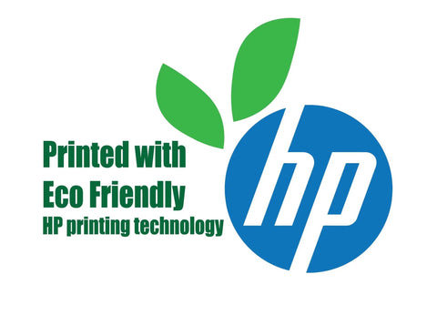 Logo with green leaves and text 'Printed with Eco Friendly HP printing technology' next to a blue circle with white letters 'hp'.