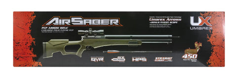 PCP Powered Arrow Rifle With 3 Carbon Fiber Arrows, 450 FPS, 169 FPE packaging showing rifle and scope graphics.