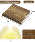 Wooden Folding Mood Light Book Lamp with USB Rechargeable Battery, dimensions, closed and open view, cozy warm glow