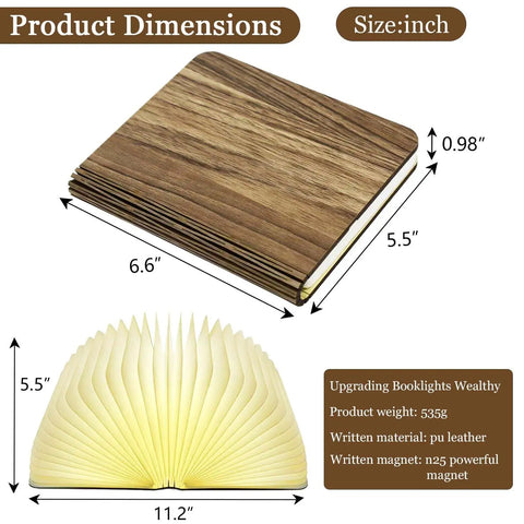 Wooden Folding Mood Light Book Lamp with USB Rechargeable Battery, dimensions, closed and open view, cozy warm glow