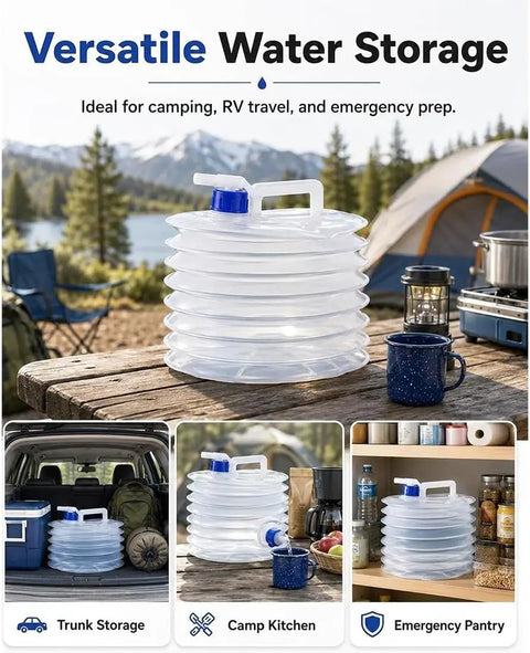 Collapsible Water Container With Spigot For Camping And Hiking on picnic table with camping gear in background