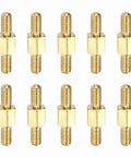 Ten brass double-ended M3 threaded studs with central hex body