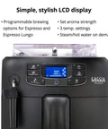 Black Espresso Machine With 54 Oz Tank And Ceramic Burr Grinder Delivering Barista Level Brews At Home featuring stylish LCD display with brewing options.