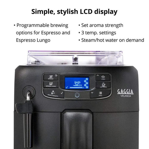 Black Espresso Machine With 54 Oz Tank And Ceramic Burr Grinder Delivering Barista Level Brews At Home featuring stylish LCD display with brewing options.