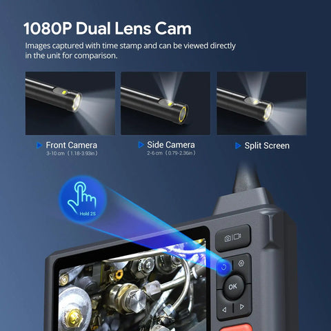1080P dual lens sewer inspection camera with split screen view on 5 inch IPS display, supports wall drains and auto repairs