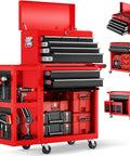 Heavy Duty 8 Drawer Rolling Tool Chest With 3 In 1 Modular Toolbox Set And Detachable Four Wheel Utility Cart, red steel workshop storage