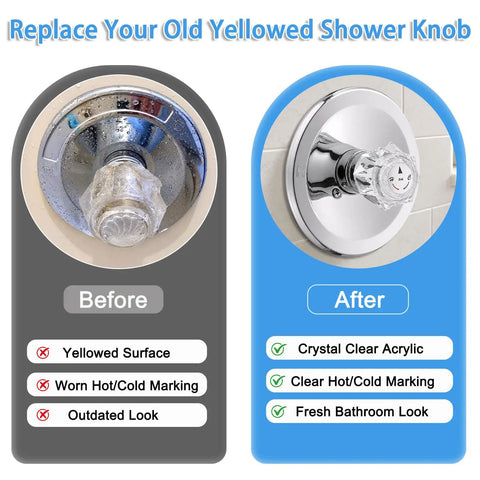 Comparison of old yellowed shower knob and new crystal clear acrylic Clear Knob Faucet Handle Replacement Kit for Delta RP2391.