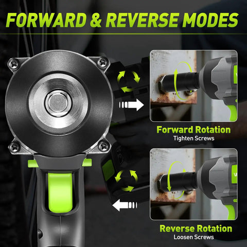 Cordless Half Inch Impact Wrench With 1200 Nm High Torque, showing forward and reverse rotation for heavy duty auto repair