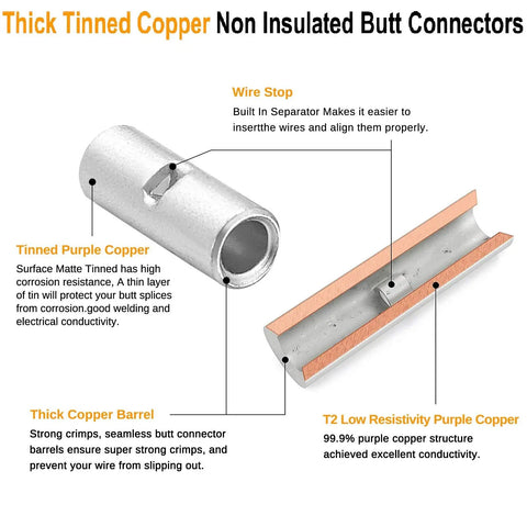 8 Pack 2 Gauge Non Insulated Butt Connectors And 8 3 To 1 Dual Wall Heat Shrink Tubing Kit showcasing tinned copper barrel features